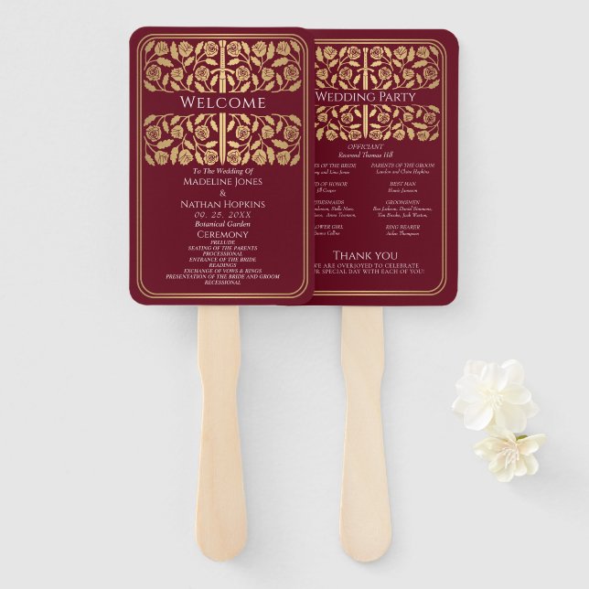 Red Medieval Gold Sword Royal Wedding Program Hand Fan (Front and Back)
