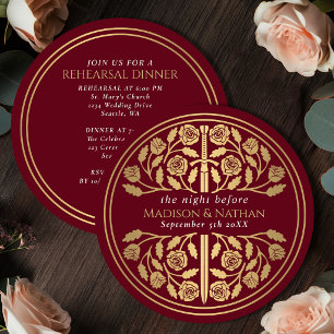 Red Medieval Gold Sword Royal Wedding Rehearsal Invitation