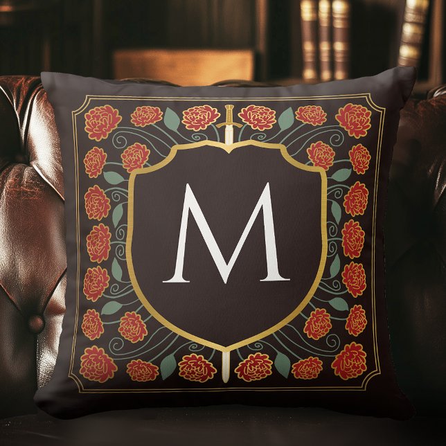 Red Medieval Sword Shield Monogram Throw Pillow (Creator Uploaded)