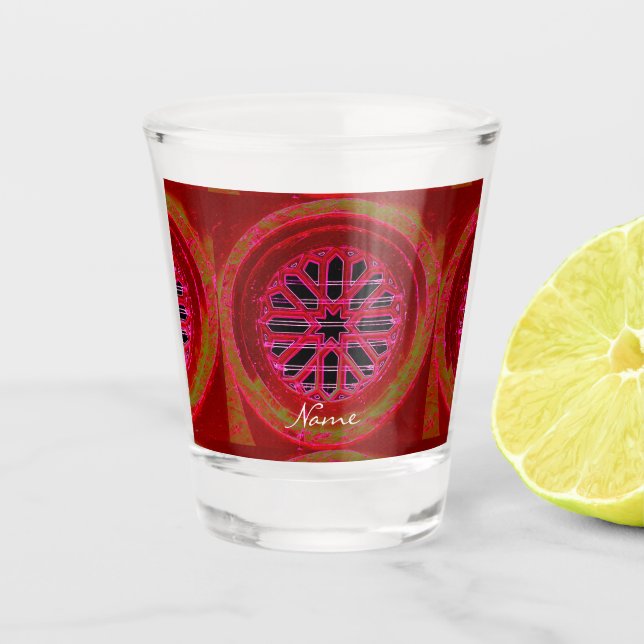 Red medieval window mandala Thunder_Cove  Shot Glass (Front)