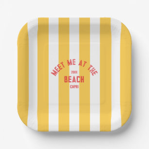 Red Meet Me At The Beach Yellow Cabana Stripe Paper Plates