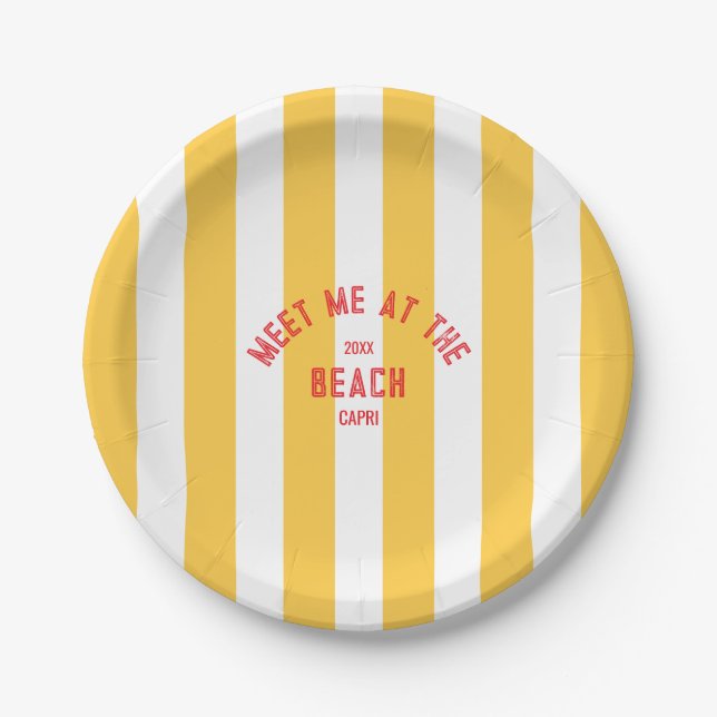 Red Meet Me At The Beach Yellow Stripe Paper Plates (Front)