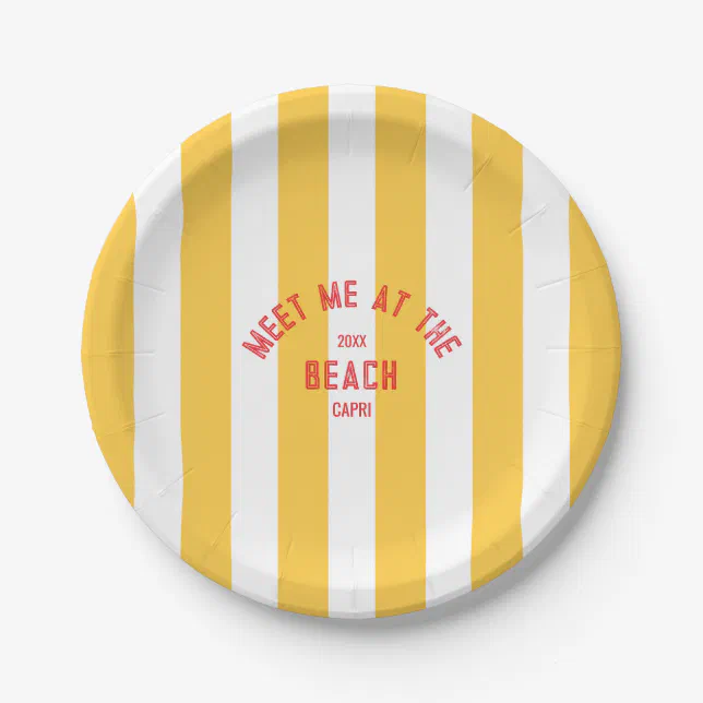 Paper Plate Me Red Meet Me At The Beach Yellow Stripe Paper Plates | Zazzle