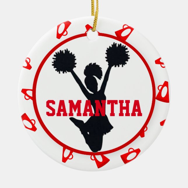 Red Megaphones and Cheerleader Personalized Ceramic Ornament (Front)