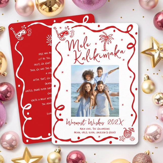 Red Mele Kalikimaka Photo Hand Drawn Christmas Holiday Card (Creator Uploaded)