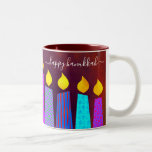 Red Menorah Candles Happy Hanukkah Script Bold Two-Tone Coffee Mug<br><div class="desc">“Happy Hanukkah.” Here’s an easy way to get in the holiday mood each morning. Add extra sparkle to your day whenever you relax with your favorite beverage in this colorful, custom Hanukkah coffee mug. A playful, artsy illustration of blue menorah candles with colorful faux foil patterns and handwritten script overlay...</div>