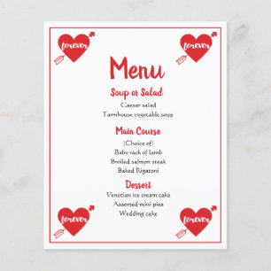 Red Menu Heart Wedding Bridal Shower Anniversary