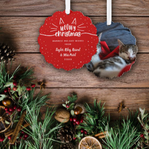 Red Meowy Christmas Cat Photo Christmas Ornament Card