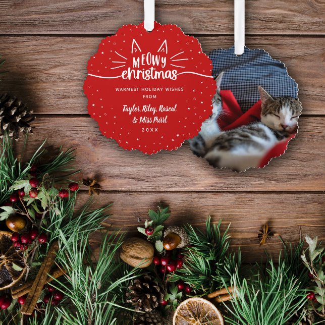 Red Meowy Christmas Cat Photo Christmas Ornament Card (Creator Uploaded)