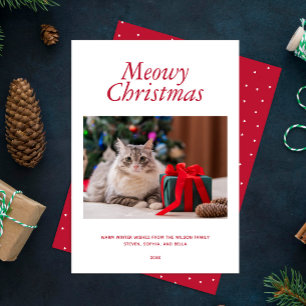 Red "Meowy Christmas" Personalized Photo Holiday Card