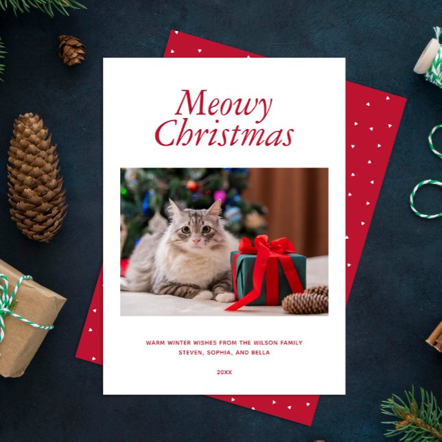  Red "Meowy Christmas" Personalized Photo Holiday Card (Creator Uploaded)