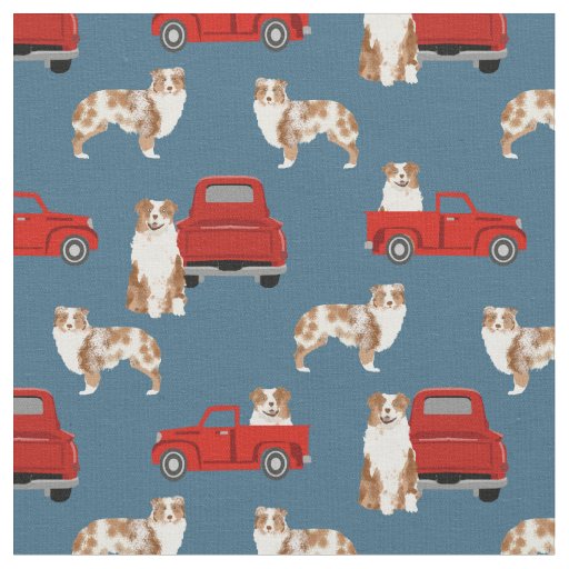 Red Merle Aussie and red truck blue Fabric