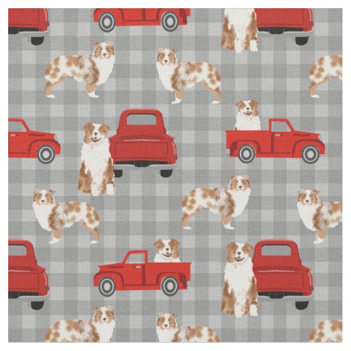Red Merle Aussie and red truck plaid Fabric