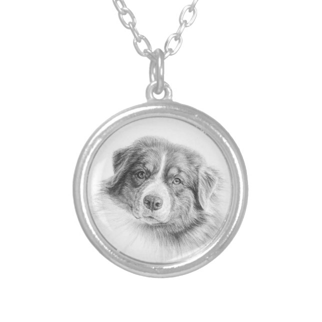 Red Merle Aussie Dog, Graphite Drawing, Silver Plated Necklace (Front)