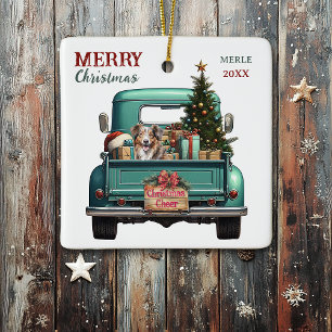 Red Merle Aussie Dog Retro Truck Christmas Ceramic Ornament