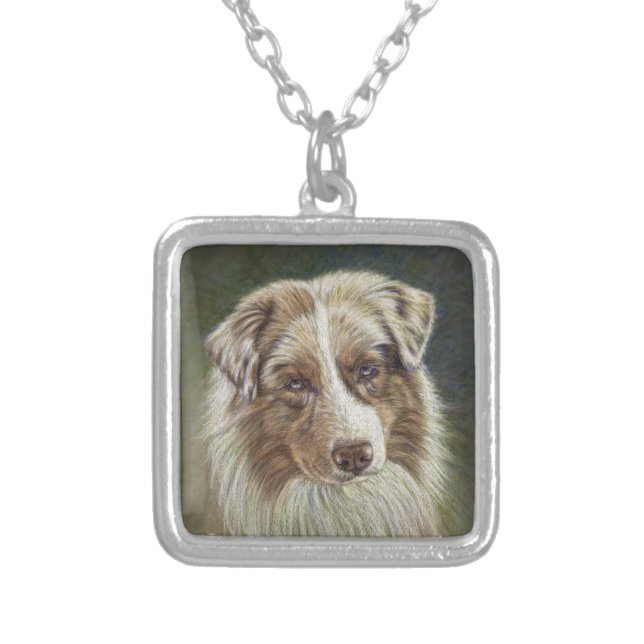 Red Merle Australian Shepherd Art Silver Plated Necklace (Front)