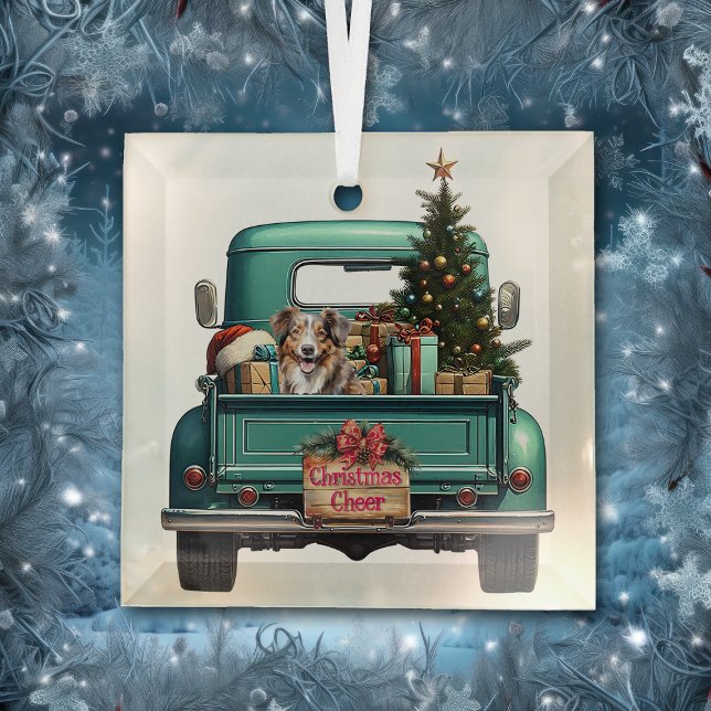 Red Merle Australian Shepherd Farm Truck Christmas Glass Ornament (Creator Uploaded)