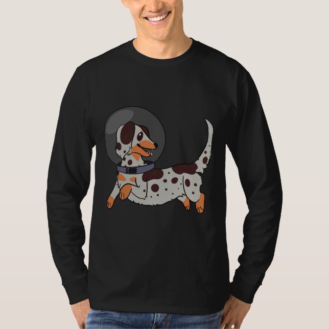 Red Merle Long Haired Dachshund In Space T-Shirt (Front)