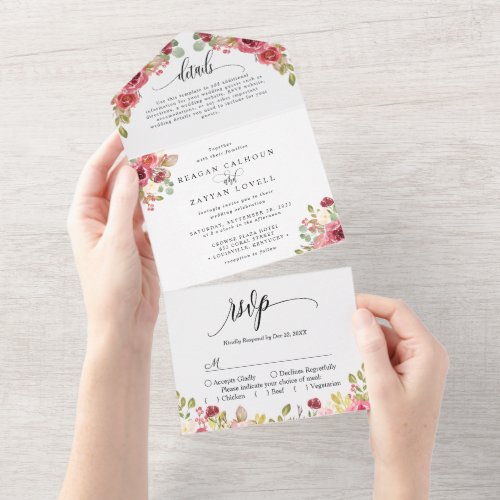 Wedding Invitations 4 Red Merlot Floral Watercolor Wedding All In One Invitation