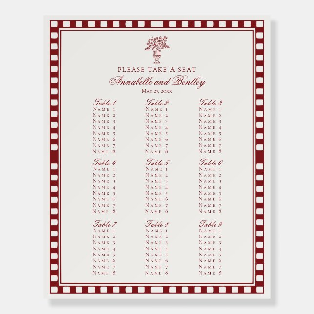 Red Merlot Harlequin Checker Wedding Seating Chart Foam Board (Front)