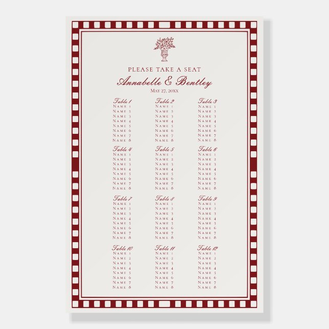 Red Merlot Harlequin Checker Wedding Seating Chart Foam Board (Front)