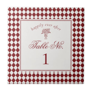 Red Merlot Harlequin Checker Wedding Table Number Ceramic Tile