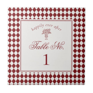 Red Merlot Harlequin Checker Wedding Table Number Ceramic Tile