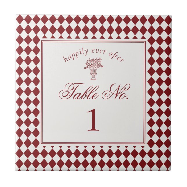 Red Merlot Harlequin Checker Wedding Table Number Ceramic Tile (Front)