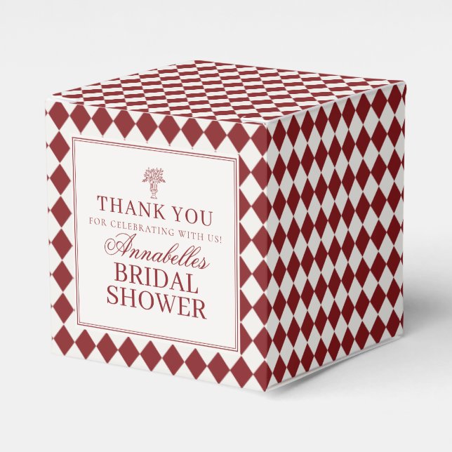Red Merlot Harlequin Checkered Bridal Shower Favor Boxes (Front Side)