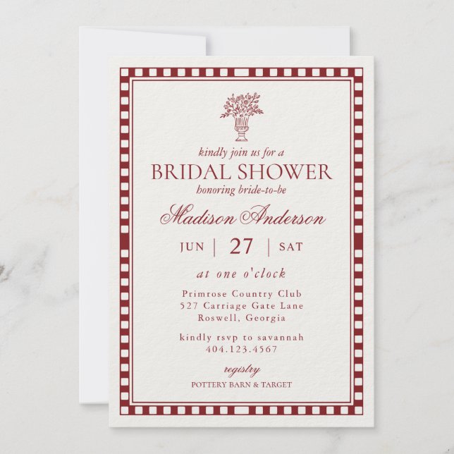 Red Merlot Harlequin Checkered Bridal Shower Invitation (Front)