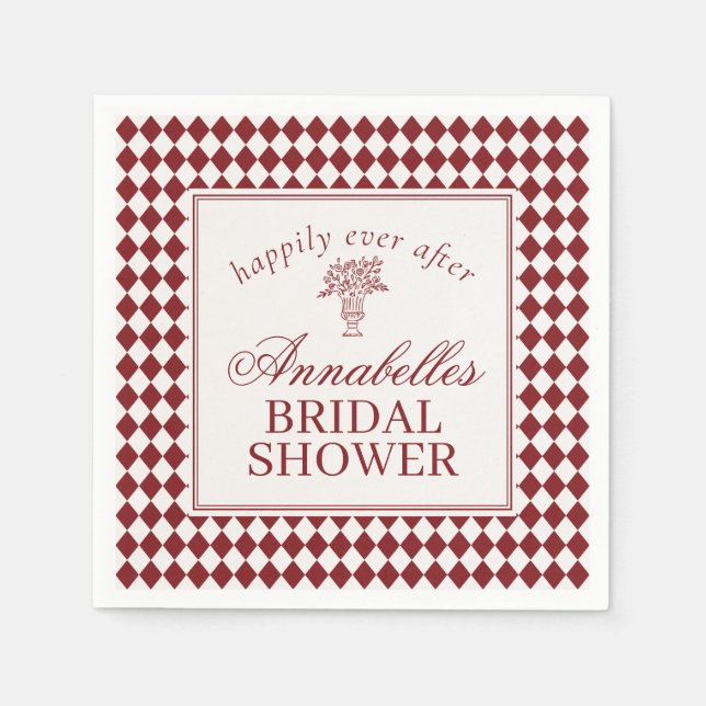 Red Merlot Harlequin Checkered Bridal Shower Napkins (Front)