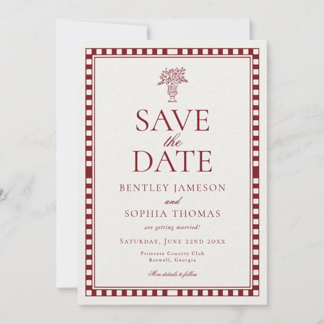 Red Merlot Harlequin Checkered Save the Date Invitation (Front)