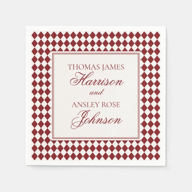Red Merlot Harlequin Checkered Wedding Napkins (Front)
