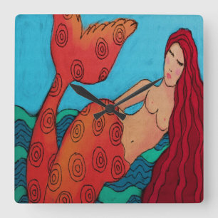 Red Mermaid Abstract Art Square Wall Clock