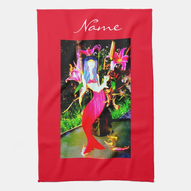 Red mermaid beauty partying Thunder_Cove  Kitchen Towel (Vertical)