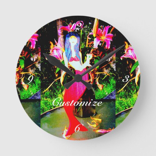 Red mermaid beauty partying Thunder_Cove Round Clock