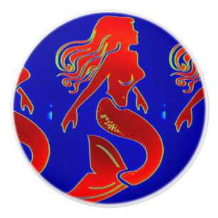 red mermaid on blue ceramic knob