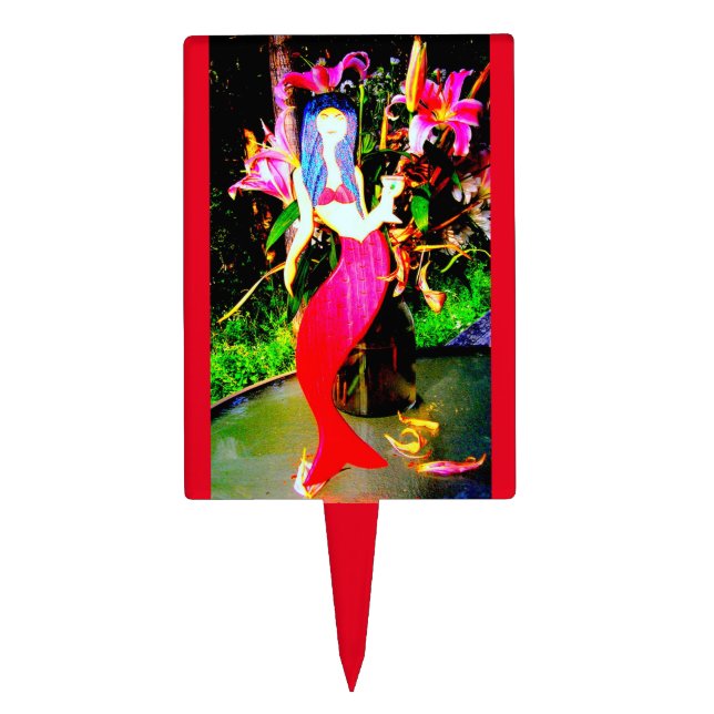red mermaid partying cake topper (Front)