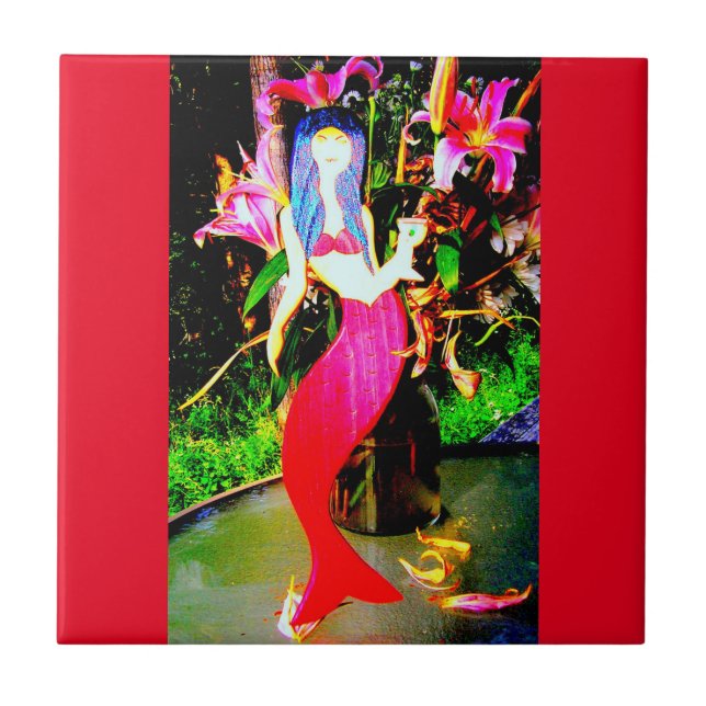 red mermaid partying ceramic tile (Front)