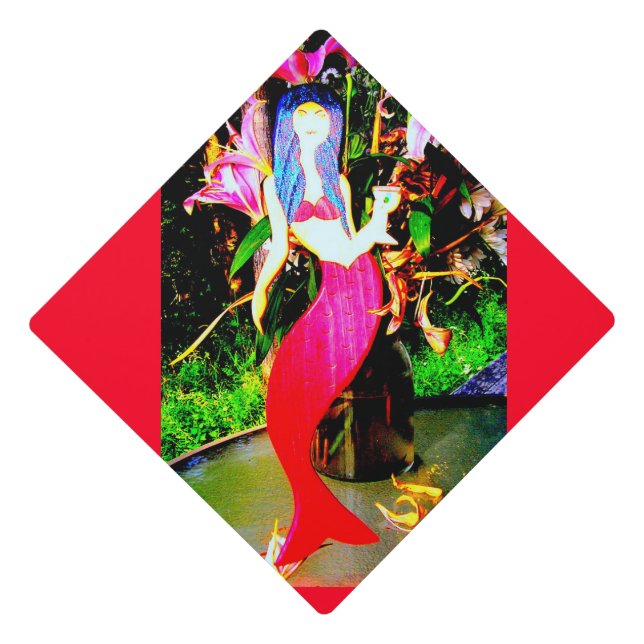 red mermaid partying graduation cap topper (Front)