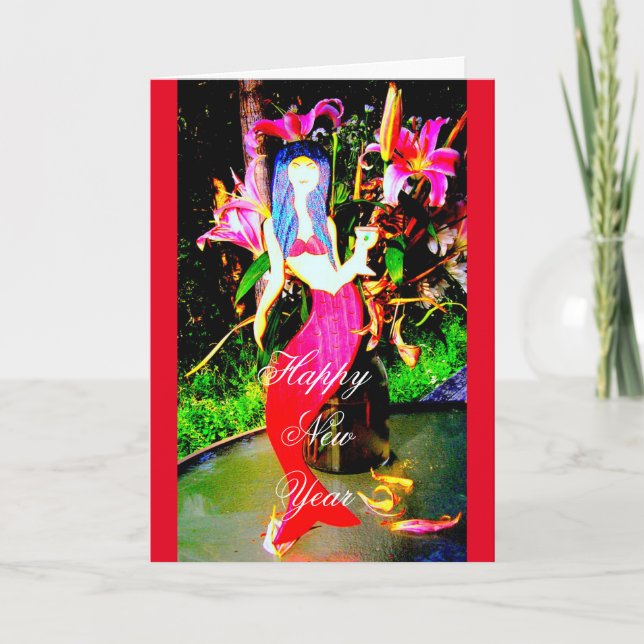 red mermaid partying Happy New Year Holiday Card (Front)