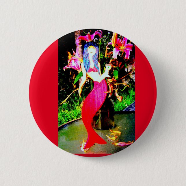 red mermaid partying pinback button (Front)