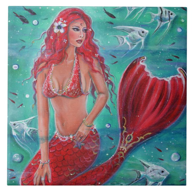 Red mermaid "Vivian"  underwater tropical fish Ceramic Tile (Front)