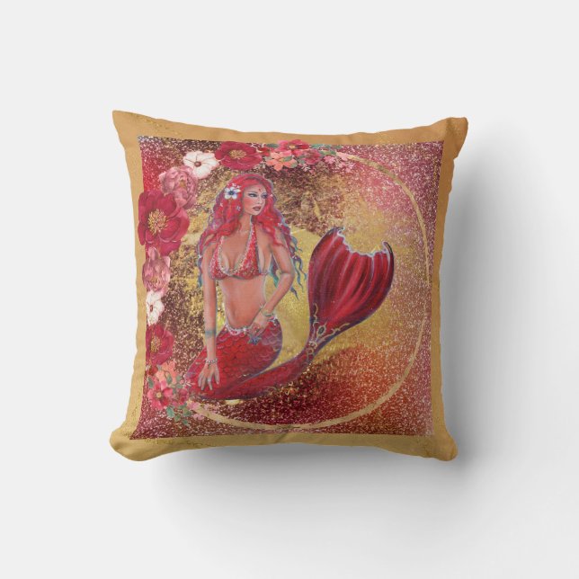 Red mermaid "Vivian"  underwater tropical fish Throw Pillow (Front)