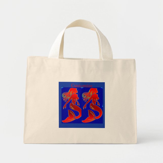 red mermaids on blue  mini tote bag (Front)