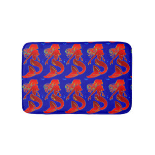red mermaids on blue  pattern bathroom mat