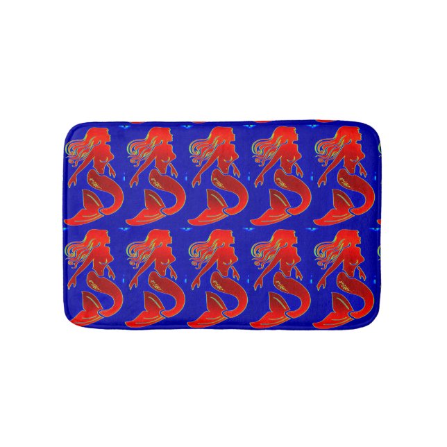 red mermaids on blue  pattern bathroom mat (Front)