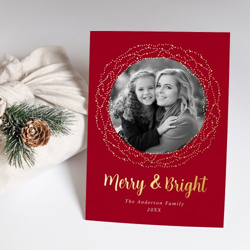 Red Merry and Bright Photo Foil Holiday Card