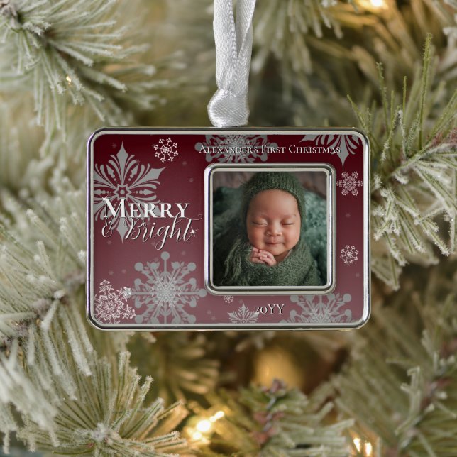 Red Merry and Bright Snowflakes Baby Photo Christmas Ornament (Tree)