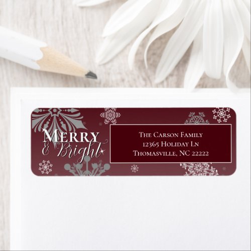Red Merry and Bright Snowflakes Christmas Address Label